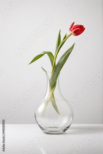 A vibrant red flower arranged in a clear glass vase, showcasing its delicate petals and green stem