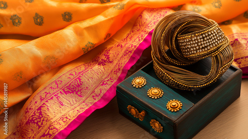 Beautifully arranged saree and traditional bangles displayed elegantly with a decorative box in an artistic setting