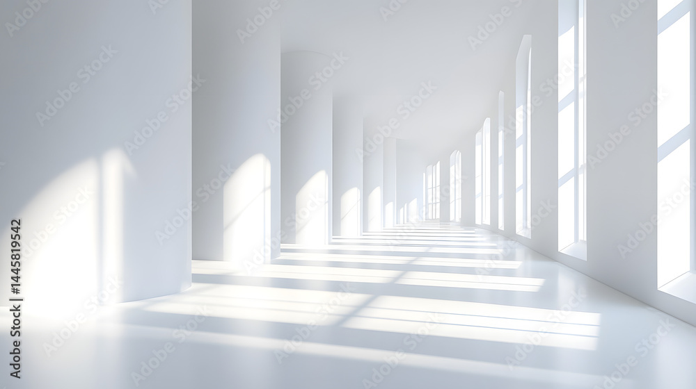 Illuminated minimalist hallway perspective bright architectural design on a white background Illuminated minimalist hallway perspective bright architectural design on a white background
