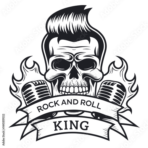 Skull with Pompadour Hairstyle, Microphones, Rock and Roll King Banner on White