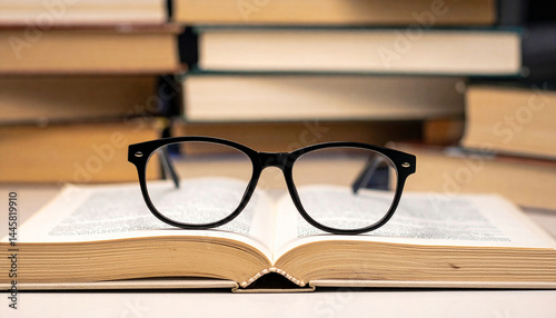 A background pile of books with some glasses on them at a library for the students at university