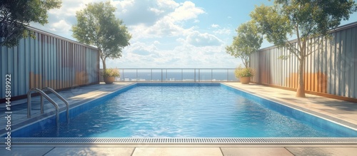 Serene outdoor swimming pool set in a lush tropical landscape at an exclusive luxury villa  The pool is surrounded by a wooden deck with comfortable lounge chairs