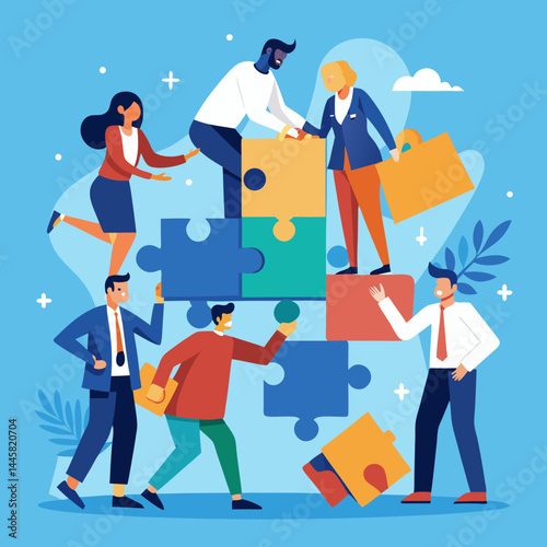 Business Teamwork Concept. Vector illustration in flat style of a group of diverse people in business suits putting together pieces of a puzzle. Isolated on background