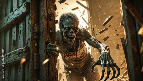 A terrifying zombie bursts through a decaying wooden door, its decaying flesh and clawed hand adding to the horror. Dust and debris fly around it, enhancing the dramatic scene.