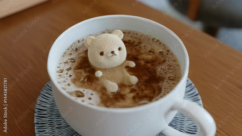 A whimsical white cup of coffee with a floating teddy bear character, foam textures and a blue and white patterned coaster.