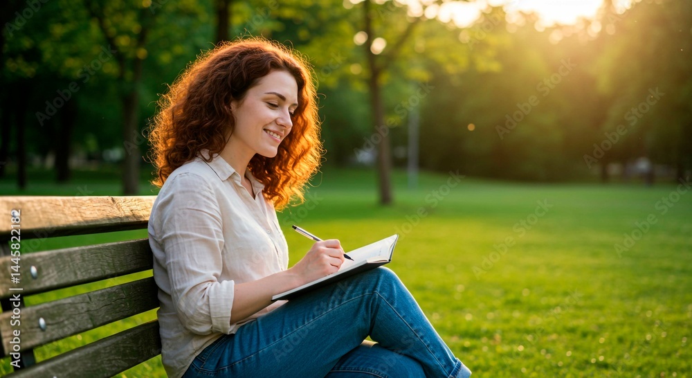 Obraz premium Woman with curly red hair writing in a notebook while sitting on a bench in a park at sunset