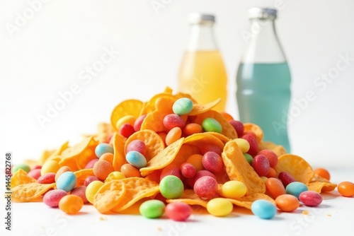 Pile of colorful candy, chips, and soda on white background, fast food, white background