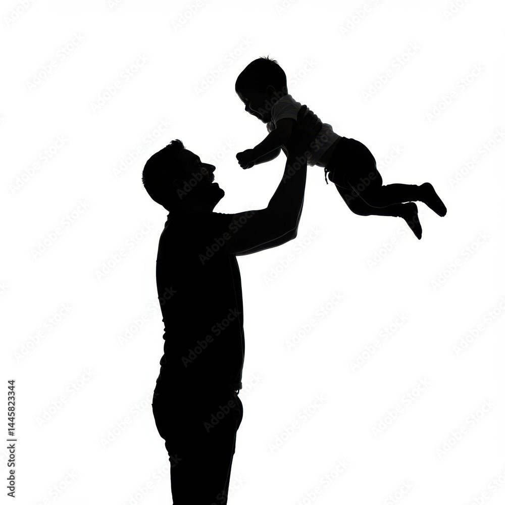 Silhouette of a father holding his baby up in the air against a white background in a studio setting Silhouette of a father holding his baby up in the air against a white background in a studio setting