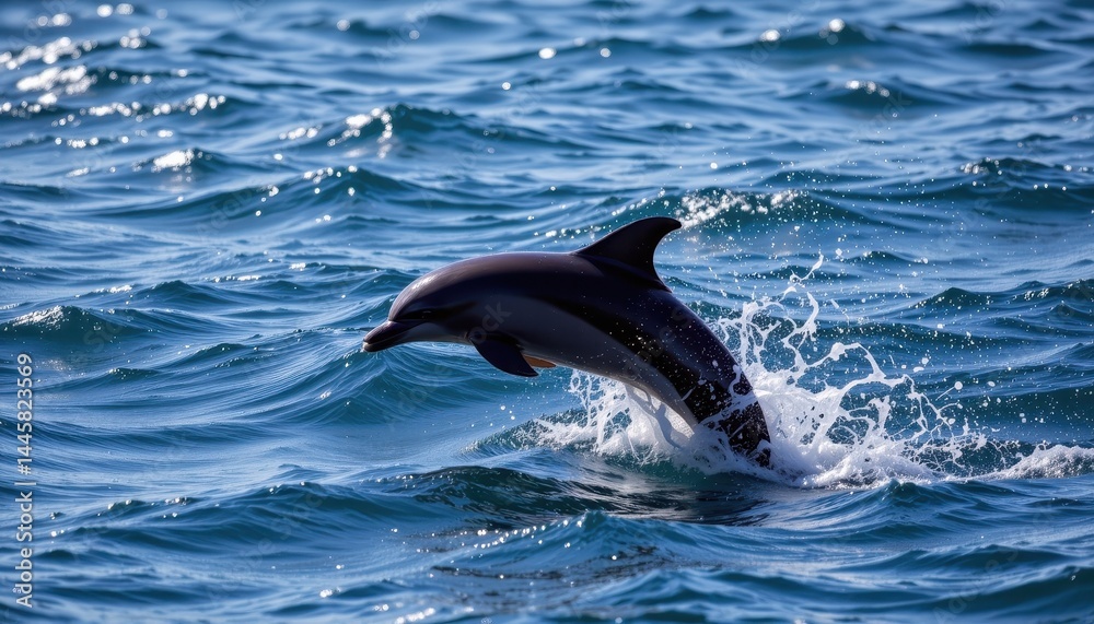 Naklejka premium The majestic dolphin gracefully leaps out of the sparkling ocean waves, its sleek silhouette cutting through the air before diving back into the glistening blue depths.