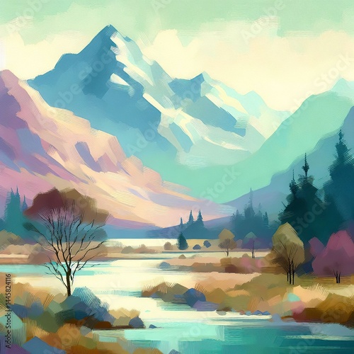 Minimalist Impressionist Painting of Mountain and River in Soft Pastel Colors