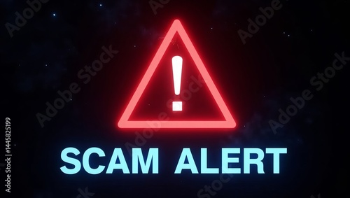 A striking graphic featuring a red triangular warning symbol with an exclamation mark, emphasizing a scam alert!
