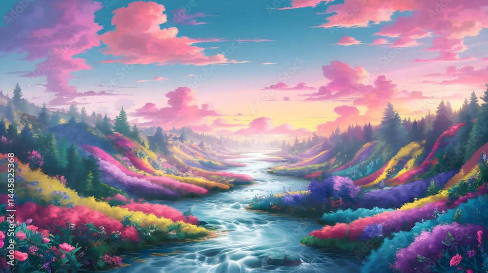 Enchanting River Landscape With Colorful Flowers and Pink Sky Enchanting River Landscape With Colorful Flowers and Pink Sky