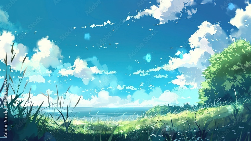 Obraz premium Light Blue Cartoon Anime Style Background: A Delightful Fusion of Whimsy and Visual Charm