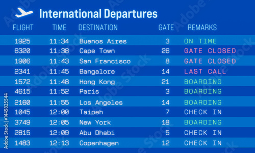 Airport flights, departure board, timetable. Travel destination, vacation, tourism, business, transport. 3D illustration