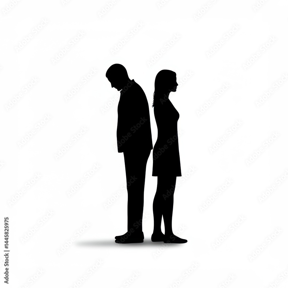 Silhouette of a man and woman standing back to back against a white background looking away Silhouette of a man and woman standing back to back against a white background looking away
