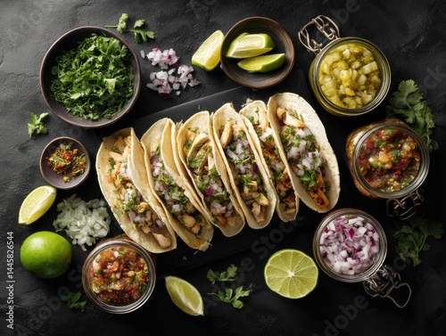 Wallpaper Mural Overhead shot of various tacos and ingredients like salsa cilantro onions and lime on a dark surface Torontodigital.ca