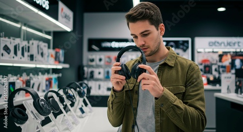 Man inspecting black headphones in a store with rows of headphones on display and boxes on shelves