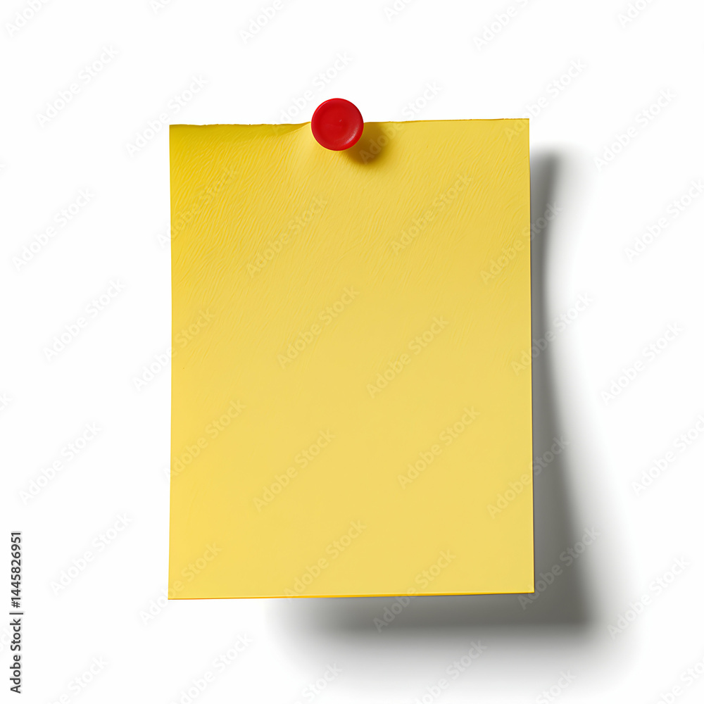 Bright Yellow Sticky Note with Red Pin on a Clean White Surface Bright Yellow Sticky Note with Red Pin on a Clean White Surface