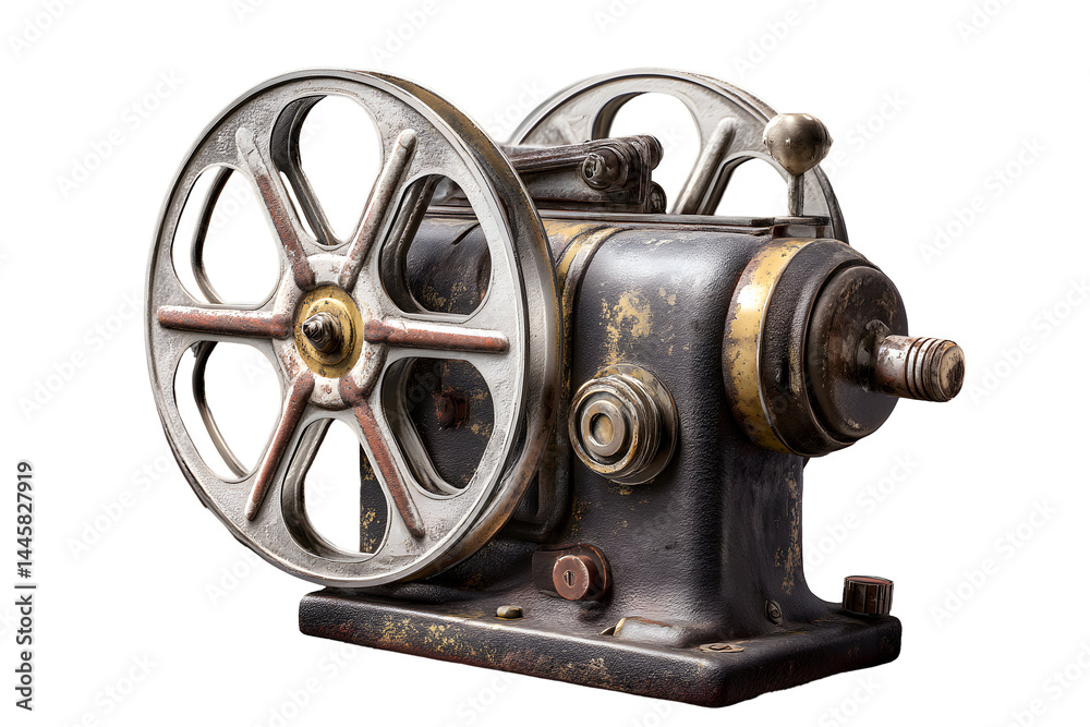 Fototapeta premium Detailed aged machine. Old, metallic, textured film projector equipment sits on transparent background