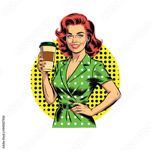Vector illustration of a beautiful girl in pop art style holding a mug of coffee. Isolated on white background