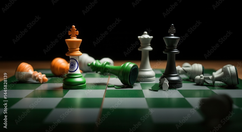 Chessboard with Indian and Pakistani flags painted on opposing sides, pieces scattered in chaos. Concept of a military conflict between India and Pakistan