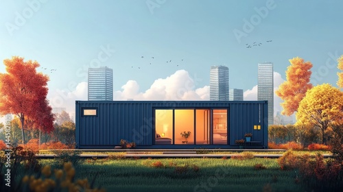 Minimalist modern wooden cabin nestled in an idyllic autumnal forest landscape surrounded by vibrant fall foliage and a clear blue sky with fluffy white clouds The cozy