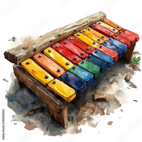 Xylophone With Wooden Keys, vector watercolor illustration, isolated on a white background.