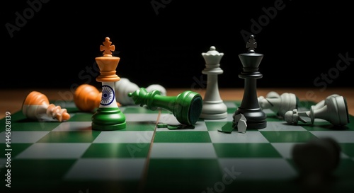 Obraz na płótnie Chessboard with Indian and Pakistani flags painted on opposing sides, pieces scattered in chaos. Concept of a military conflict between India and Pakistan w salonie