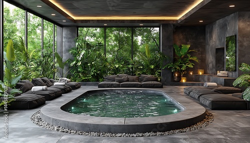 Luxurious indoor spa with hot tub