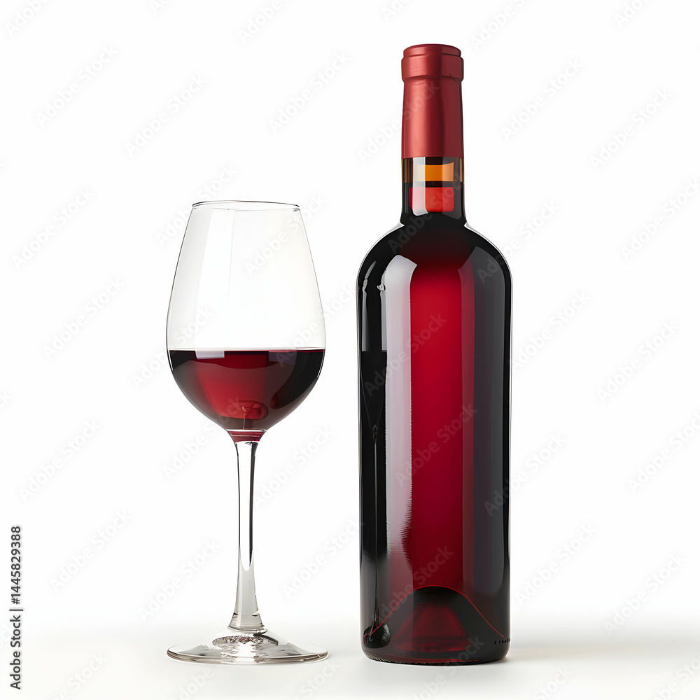 Elegant Red Wine Bottle and Glass Arrangement on White Background Elegant Red Wine Bottle and Glass Arrangement on White Background