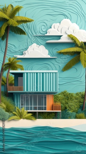 Stunning modern tropical villa resort with palm trees ocean views and luxurious outdoor living space  Ideal for vacation travel and hospitality