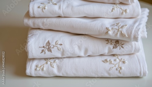 The stack of freshly laundered linens features intricate stitchwork on the hems, showcasing a delicate and elegant design that adds a touch of sophistication to any room.
