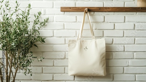 Beige tote bag hangs on a wooden rack against a white brick wall.