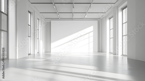 Bright modern gallery space with horizontal pure white background minimalist design natural light
