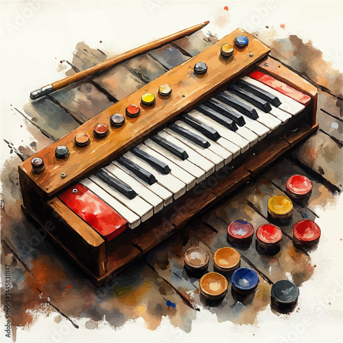 Xylophone With Wooden Keys, vector watercolor illustration, isolated on a white background.