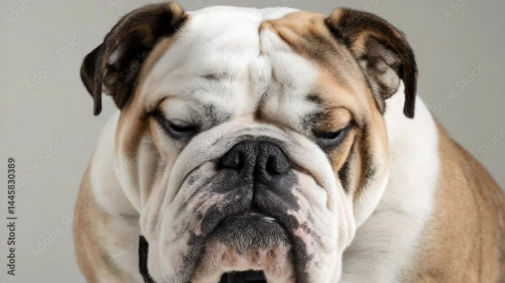Close-up studio shot of a mature bulldog with wrinkled skin and partially closed eyes in a neutral background Close-up studio shot of a mature bulldog with wrinkled skin and partially closed eyes in a neutral background