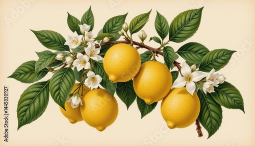 A beautiful vintage botanical illustration of a citrus limon plant, showcasing its vibrant yellow fruits and delicate white flowers