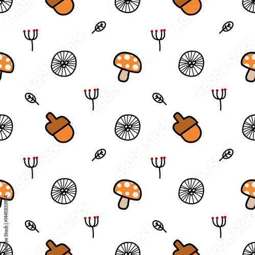Mushroom and acorn cartoon so cute. On leaf line white background. Pattern seamless vector illustration. 