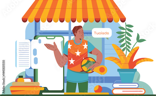 Man using mobile phone app to inspect produce outside shop with awning