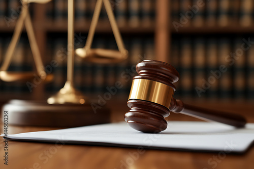 A gavel rests on legal documents with scales of justice in the background. The lighting is warm, evoking trust and the legal process.