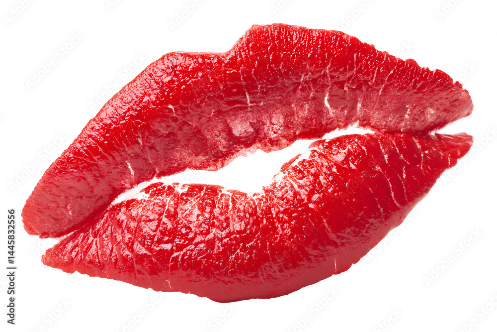 Bright red lipstick imprint of lips on a transparent background, glossy texture Bright red lipstick imprint of lips on a transparent background, glossy texture