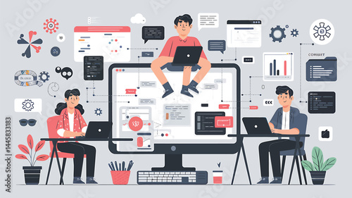 Team of developers working on software projects with modern tools and technology