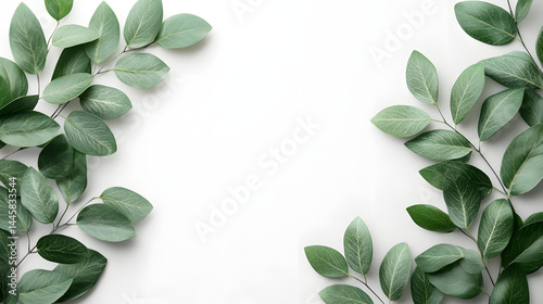 Elegant green leaves framing a pure white background nature photography minimalist aesthetic