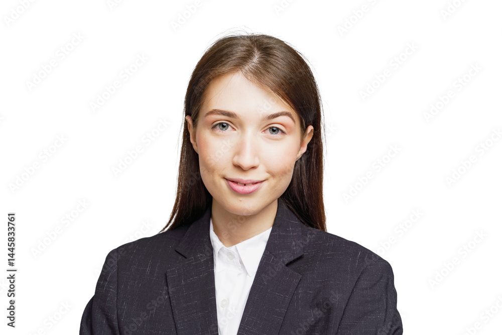 Confident young professional smiles warmly while dressed in a smart business suit against a clean backdrop Confident young professional smiles warmly while dressed in a smart business suit against a clean backdrop