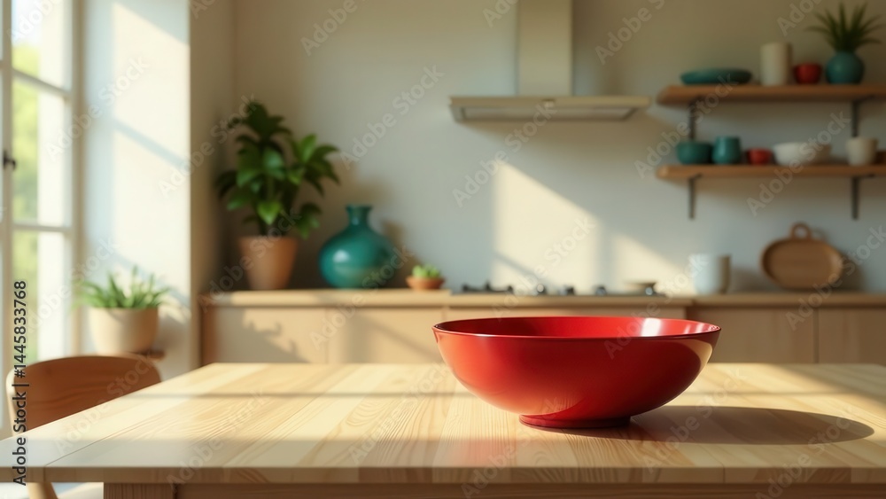 Fototapeta premium Sunlit Kitchen Table with Empty Red Bowl