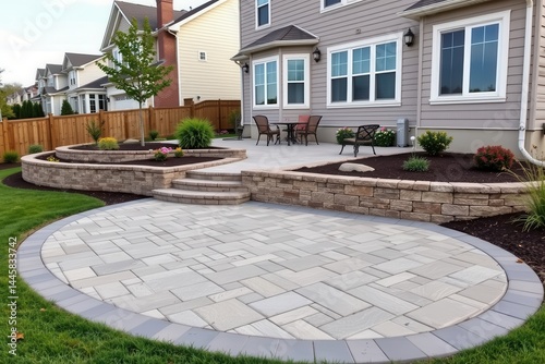 landscaped patio with retaining wall and pavers.