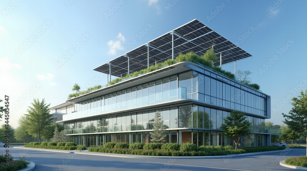 Futuristic eco-friendly office building with rooftop solar panels and lush greenery on modern campus under blue sky Futuristic eco-friendly office building with rooftop solar panels and lush greenery on modern campus under blue sky
