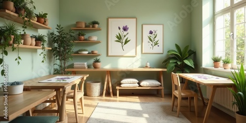 Serene Botanical Studio Workspace with Natural Light and Wooden Furniture