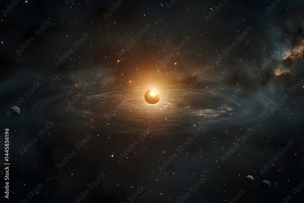 Fototapeta premium Cosmic view of a glowing sun in a swirling galaxy Generative AI