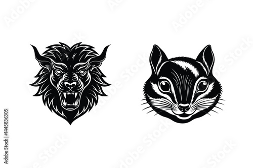 Silhouette illustration featuring a werewolf and squirrel head design in black and white isolated